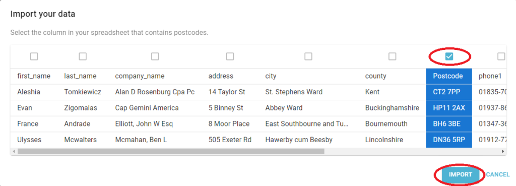 Showing how to tell postcodeheatmap which spreadsheet column contains postcodes