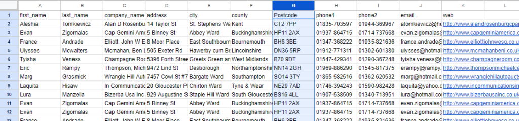 Showing an example of a spreadsheet that contains postcodes