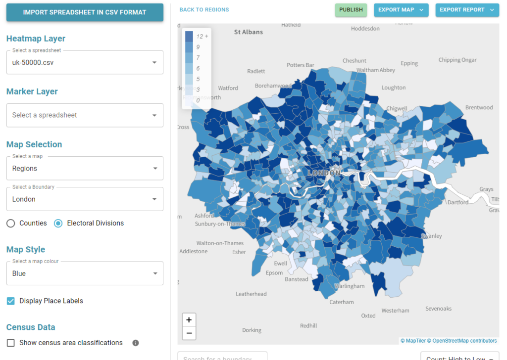 Detailed heatmap of London